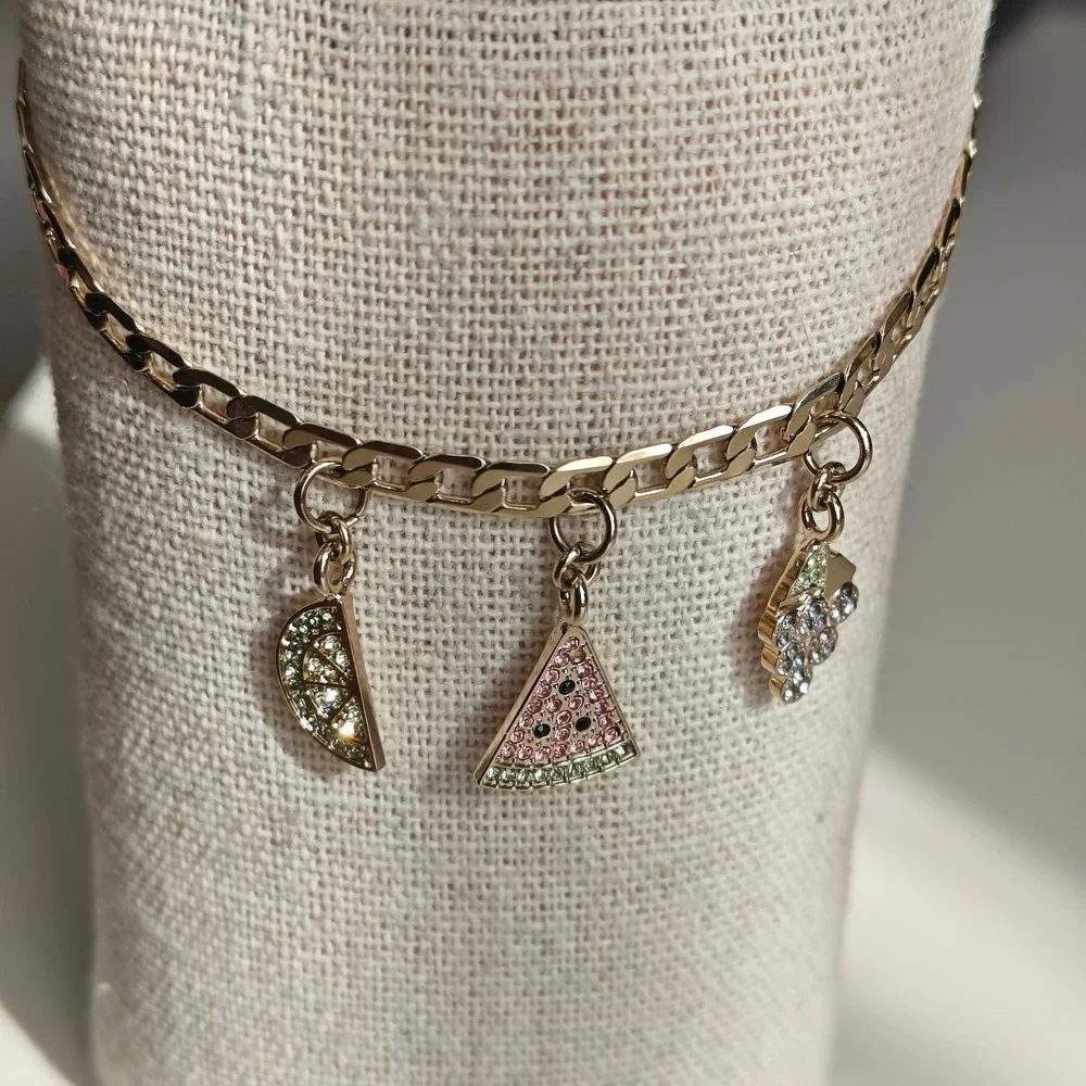 Gold Tone Fruit Charm Bracelet‎ Pave Crystal Watermelon Lemon Grapes Curb Chain